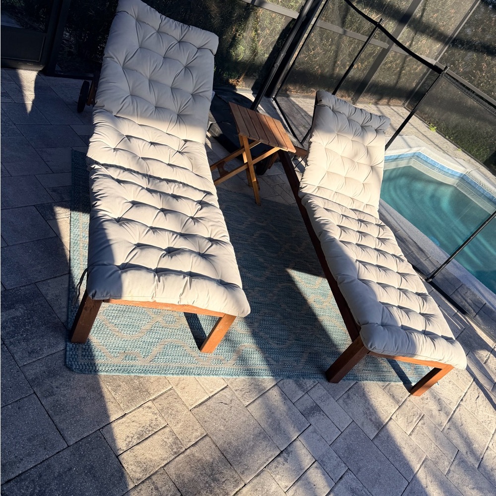 2 Ikea Outdoor Chaise Lounges with Cushions and end table